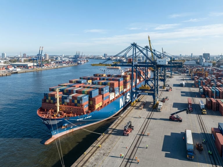 Wide shot of a massive blue container ship docked at a modern industrial port under crisp daylight, cool blue tones, sharp focus, high-end corporate editorial.