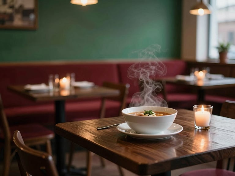 Cozy Scandinavian-style restaurant dining room at dusk, soft candlelight reflecting on dark wood tables, steam rising from a bowl of hot broth, shallow depth of field, 35mm editorial photography.