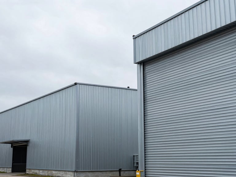 Orthogonal architectural view of a modern steel storage facility, cool overcast daylight, sharp metallic lines, clean industrial order.