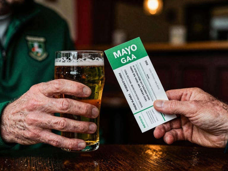 Close-up of two weathered hands, one holding a pint glass, the other a Mayo GAA match ticket, warm pub interior lighting, high contrast, 35mm film.