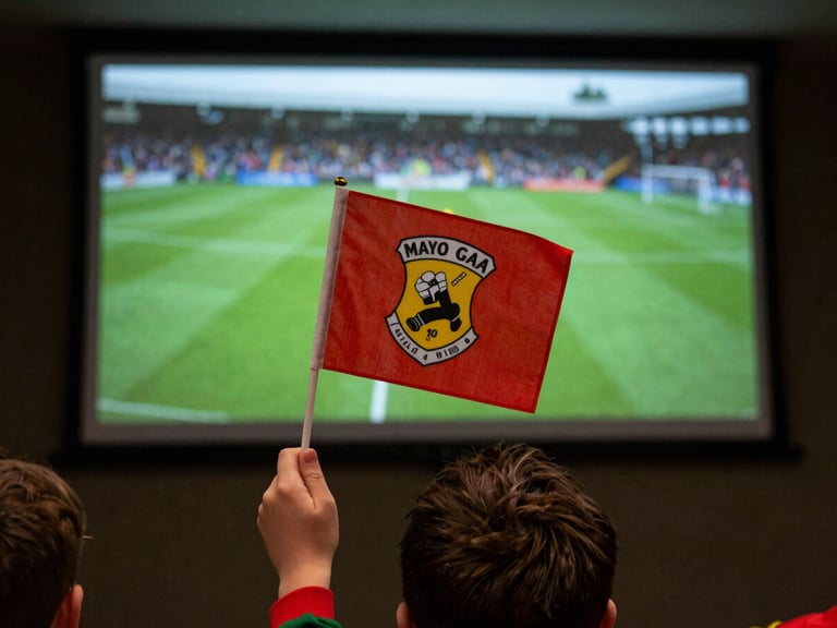 A child's hand holding a small Mayo GAA flag, seen from behind, looking at a large screen showing a GAA match, soft indoor lighting, gritty editorial photography.