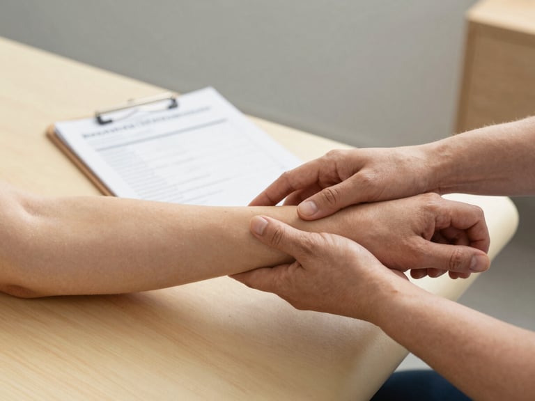 Close-up of a physical therapist's hands guiding a patient's forearm during a rehabilitation session, warm studio light from the left, a clipboard with treatment notes slightly out of focus in the background, clean treatment room with warm-gray walls visible, natural wood accent details on the table