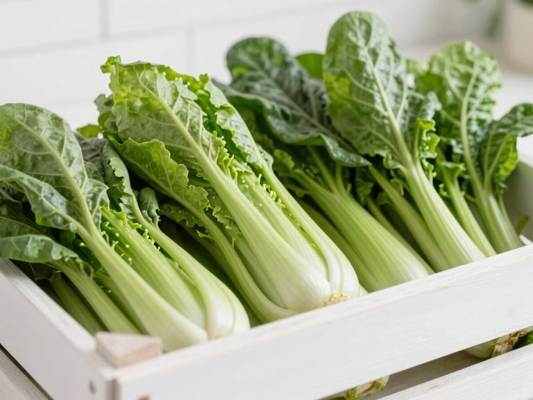 Crisp macro editorial shot of fresh organic vegetables in a clean white wooden crate, bright natural morning light, sharp focus, 50mm