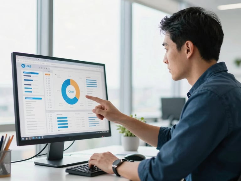 A professional environmental portrait of a developer analyzing clean data visualizations on a monitor, bright natural window light, crisp blue accents, shallow depth of field.