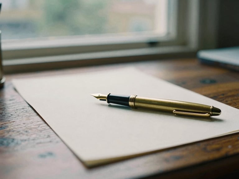 Close-up of heavy cream paper stock and a brass fountain pen resting on an antique oak desk, soft diffused London daylight from a window, moody editorial photography, 35mm film grain
