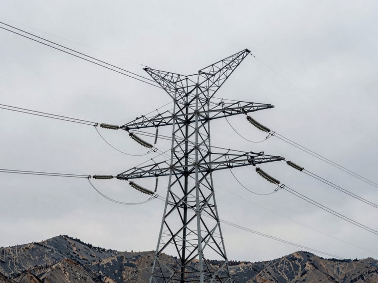 Low-angle heroic shot of high-voltage transmission towers rising against a cold, overcast Utah mountain sky, industrial steel rigging in sharp focus, desaturated tones.