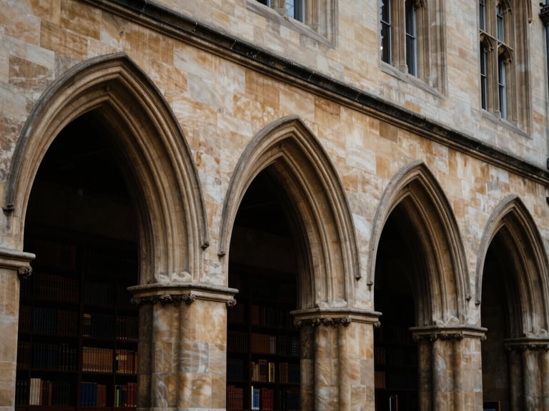 Architectural detail of a historic university campus, gothic arches, warm directional light, deep navy and champagne tones, shallow depth of field.