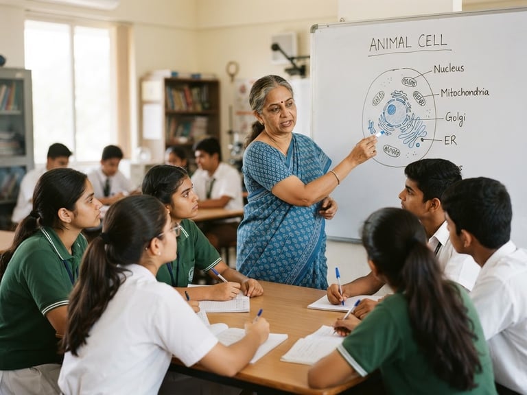 A bright, daylit Hyderabad classroom where a senior Indian biology teacher explains a cell diagram on a whiteboard to a small group of six focused high school students, 35mm photography, soft focus background.