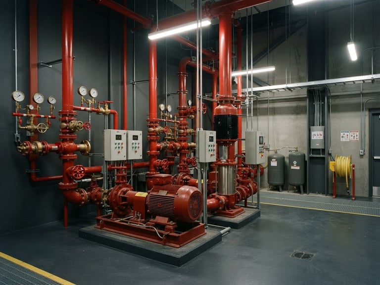 Wide environmental shot of an industrial fire pump room with clean red piping and pressure gauges, crisp industrial lighting, architectural framing, 35mm.