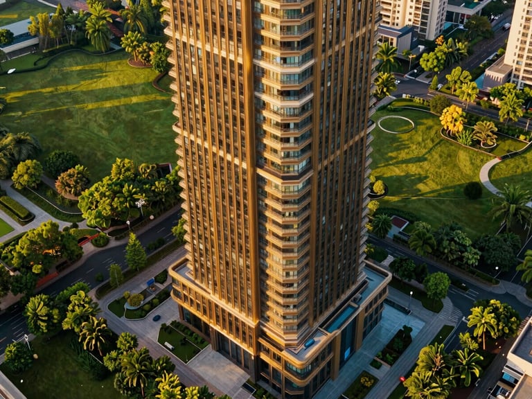 Dramatic low-angle architectural rendering of Ace Arte towers rising from expansive lush green parks, golden-hour sunlight casting long geometric shadows, 35mm