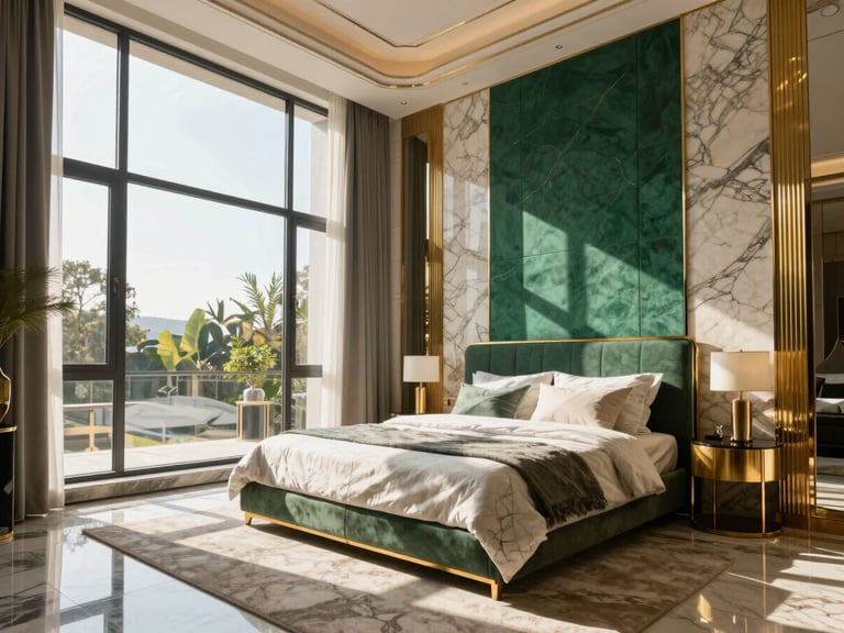 Sunlit luxury master bedroom with high ceilings, large geometric windows, rich brass accents, and premium marble textures, golden-hour light casting sharp shadows.