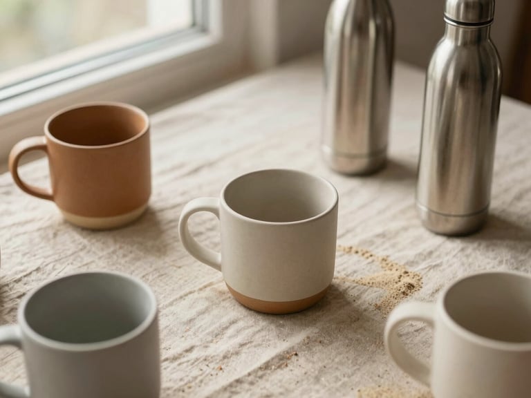 Flat-lay photography of custom matte ceramic mugs and insulated steel bottles on a textured linen surface, soft morning light, warm sand tones.