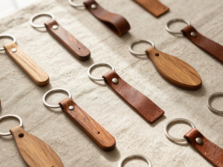 Flat-lay of various custom wooden and leather keychains on a beige linen fabric, soft shadows, warm natural tones.
