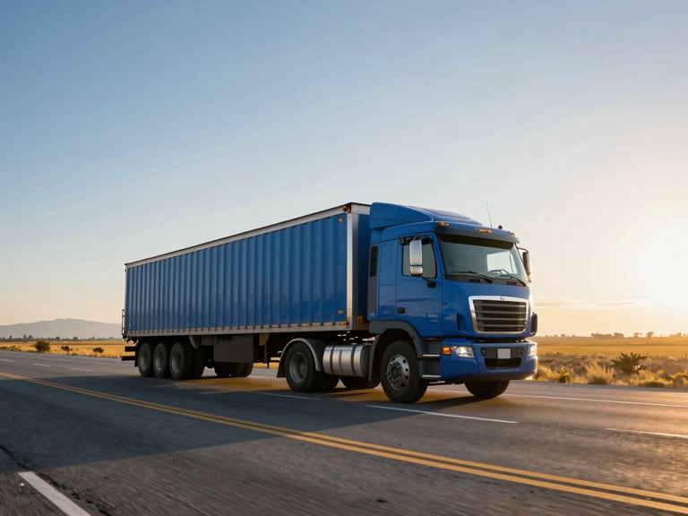 Dynamic low-angle shot of a large cargo truck on a highway at sunrise, moving across a vast Mexican landscape, industrial blue and yellow tones.