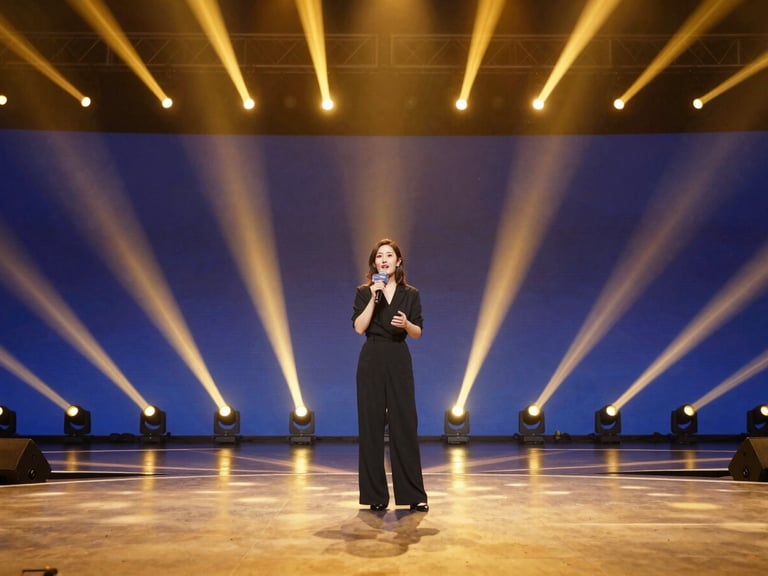 Passionate woman speaking with authority at a brightly lit modern conference stage, warm golden spotlights, wide angle