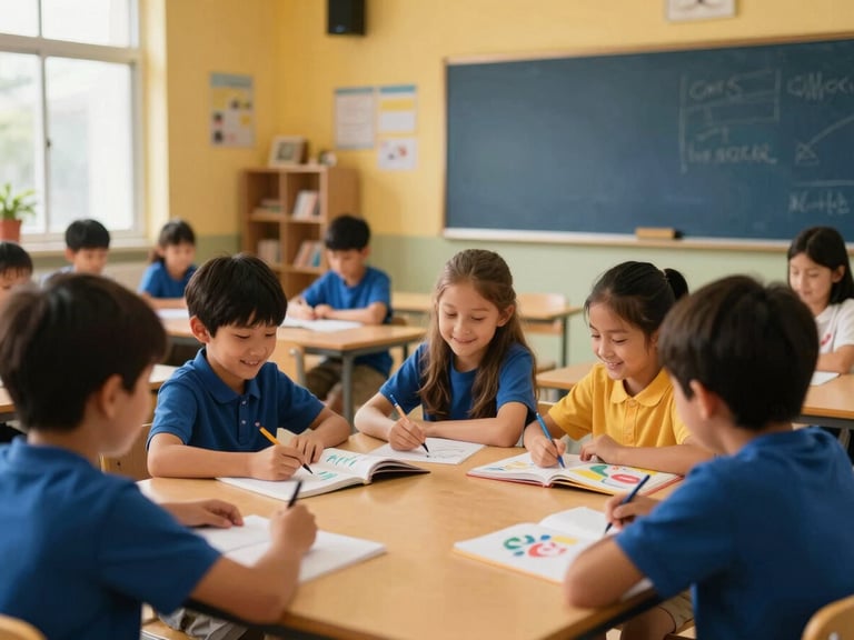 Warm, smiling children engaged in a creative bible-learning activity in a bright, modern classroom, soft lighting