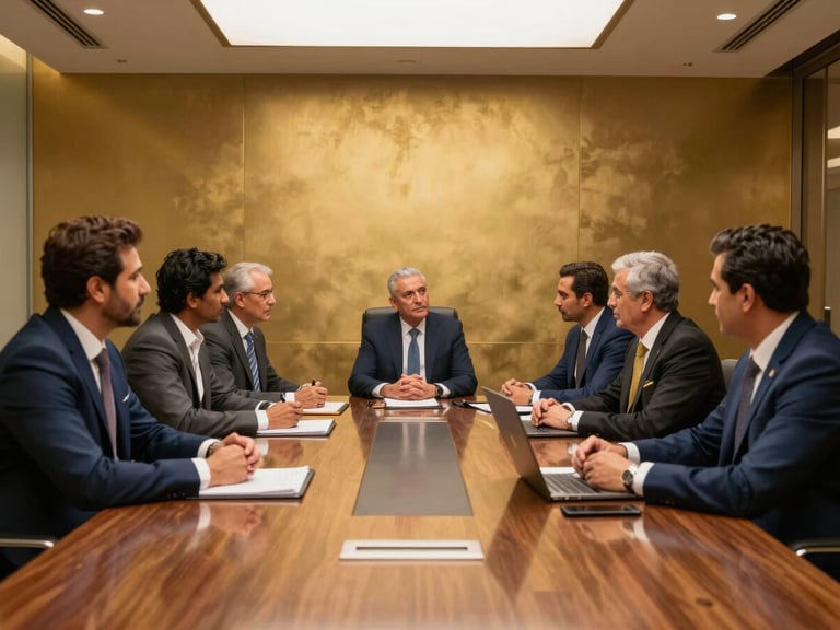 A group of modern professional men in deep, focused discussion in a sleek Dubai boardroom, warm lighting, editorial style