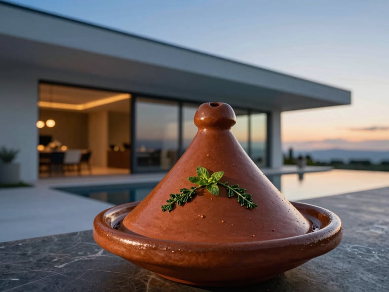 Close-up of a private chef plating a tagine dish with fresh herbs in a modern villa kitchen, soft morning light, high-contrast detail shot, 35mm.