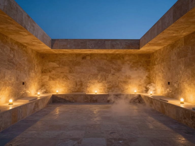 A serene, candlelit private hammam interior with steam rising, soft golden light, wide architectural angle, 35mm.