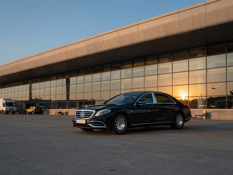 A luxury black Mercedes-Benz S-Class sedan waiting on an airport tarmac at dusk, soft golden light, wide architectural angle, 35mm.