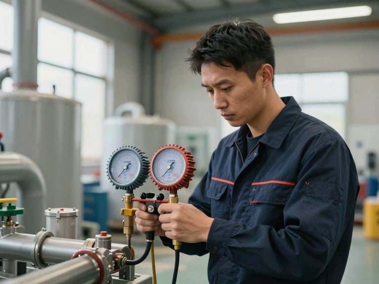 A professional technician in a clean navy uniform measuring pressure on an industrial HVAC system, bright natural warehouse light, focused work.