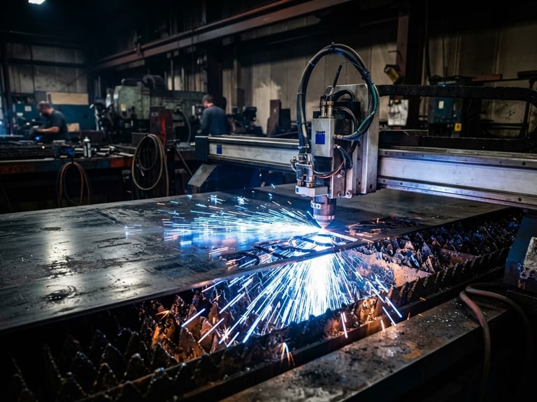 Industrial editorial photography of a CNC fiber laser cutting sheet metal with intense electric blue sparks, sharp focus, 35mm, dark workshop background.