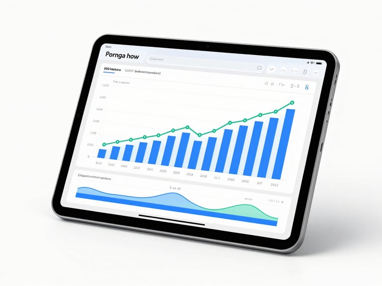 A sleek tablet displaying a modern financial dashboard with blue and green growth charts, crisp white background, sharp focus, high-key studio lighting
