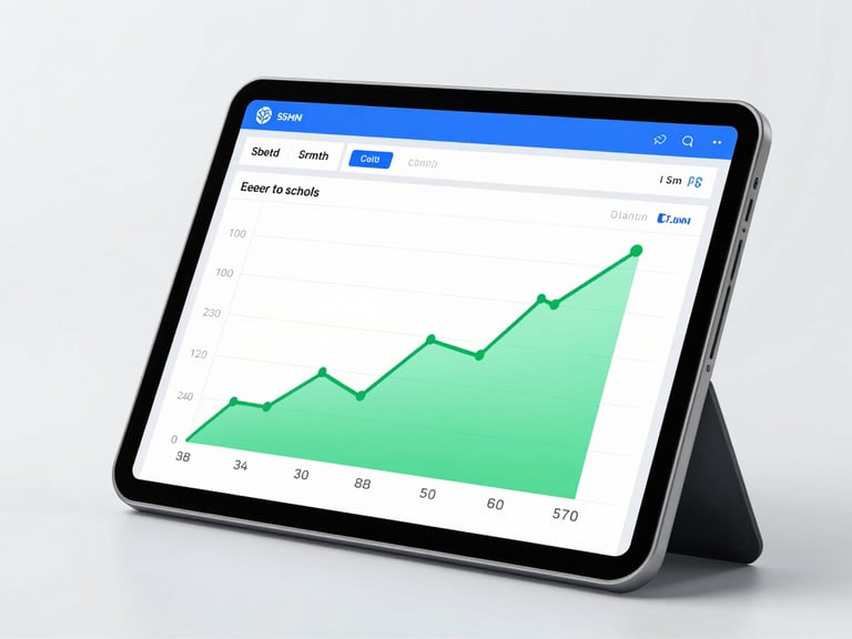 A modern tablet displaying a bright financial dashboard with rising green growth metrics, crisp daylight, corporate blue accents, sharp focus
