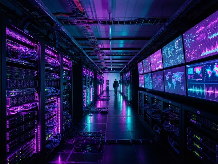 Wide shot of a server room with glowing neon purple and cyan lights, abstract data visualizations on screens, sharp focus, dark mode tech photography, 35mm