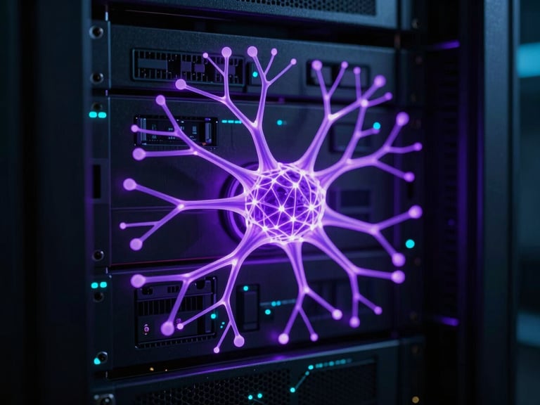 Close-up of glowing neural network nodes on a dark server rack, neon purple and cyan ambient light, high contrast, sharp focus, 35mm