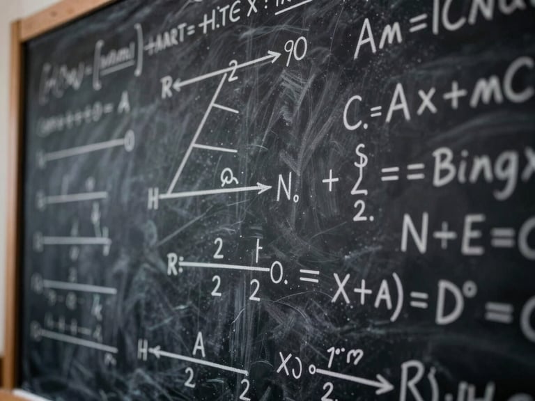 Close-up of a complex chalkboard diagram with mathematical and phenomenological notations, cold directional light.