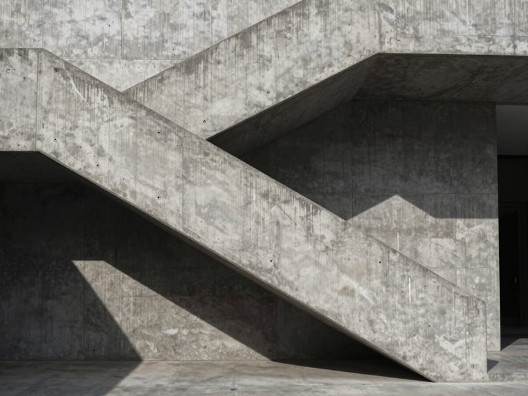 Stark concrete staircase, sharp diagonal shadows, overcast light, high-contrast brutalist architectural detail.
