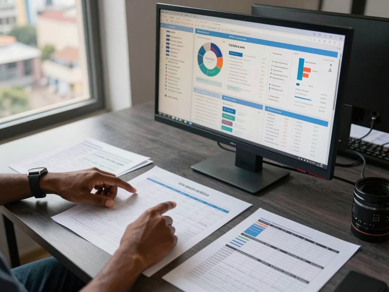 Overhead wide shot of a digital strategy session in progress, a large monitor displaying social media analytics dashboards, printed content calendars spread on a dark table, hands pointing at data, natural window light from the left, Conakry urban backdrop visible through glass
