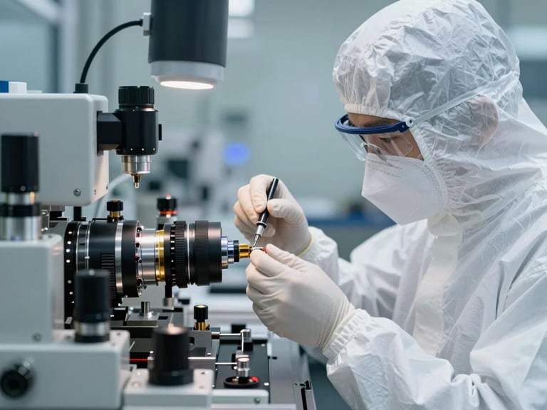 Cleanroom technician in full bunny suit assembling optical components under high-key lighting, macro focus on hands and optical elements, sharp focus, industrial technical photography.