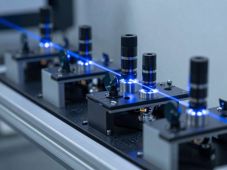 Optical bench with multiple laser beams aligning through lenses and mirrors, cool blue laser illumination, sharp focus on the light paths, industrial technical photography.