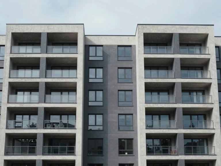 Symmetrical architectural shot of a modern multi-unit residential building with crisp concrete lines under cool, overcast daylight.