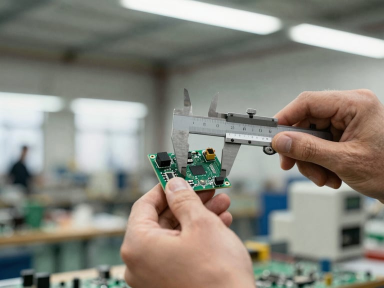 Close-up of hands holding a circuit board, calipers measuring a component, bright factory lighting, candid.