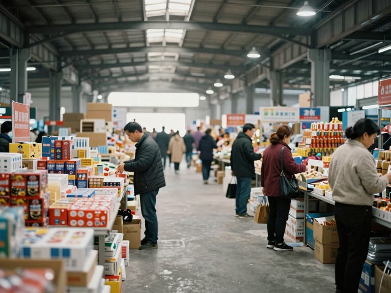 Candid shot of a bustling Chinese wholesale market aisle, showing various product stalls and people, natural industrial warehouse lighting, realistic muted colors, 35mm lens, candid and unpolished
