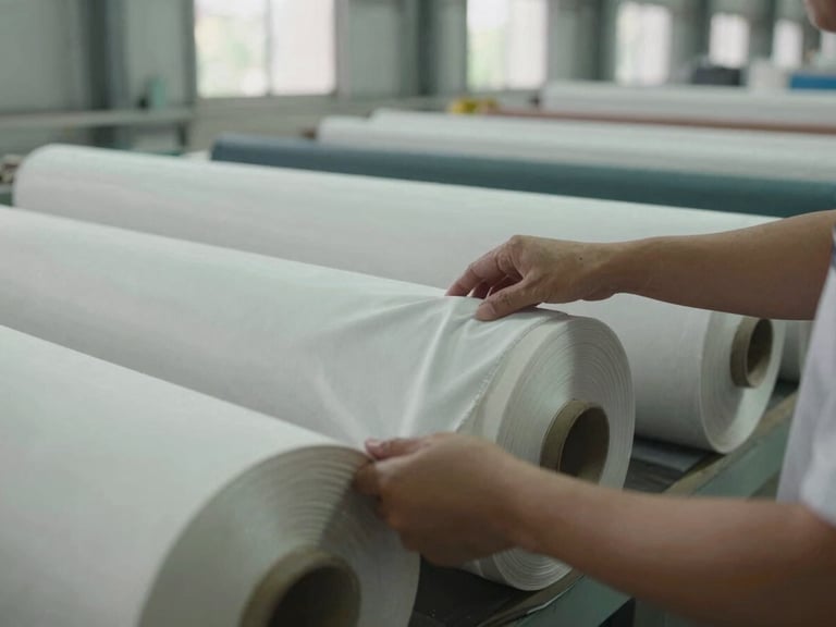 Medium shot of hands inspecting rolls of fabric in a Guangzhou textile factory, natural light, realistic muted colors.