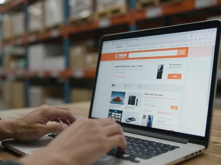 Close-up of hands scrolling on a laptop screen displaying a Chinese e-commerce website (e.g., 1688.com or Alibaba), with focus on product listings, natural industrial warehouse lighting, realistic muted colors, 35mm lens, candid and unpolished