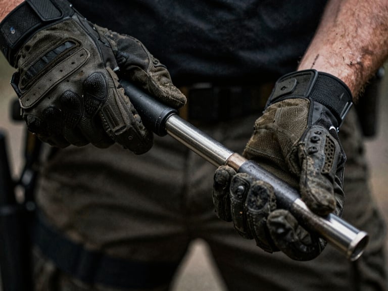 Close-up of an operator's hands in tactical gloves, holding a breaching tool, low-key lighting, gritty tactical photography.