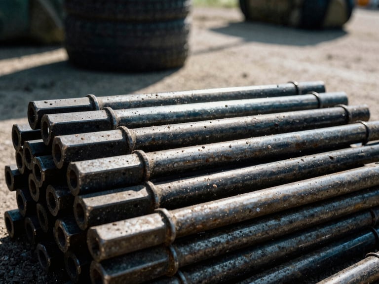 A stack of heavy steel breaching tools, with a blurred background of a tactical training environment, harsh direct sunlight, gritty tactical photography.