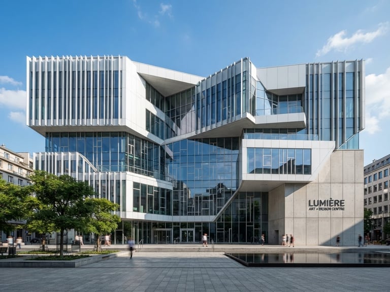 Wide shot of a modern building facade with clean lines and strategic lighting, bright natural daylight, structured geometric composition, professional editorial style.