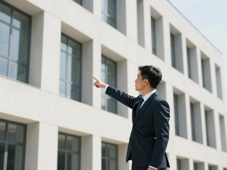 Medium shot of a professional consultant examining the exterior of a commercial building, pointing to a specific architectural feature, crisp natural daylight, structured geometric composition.