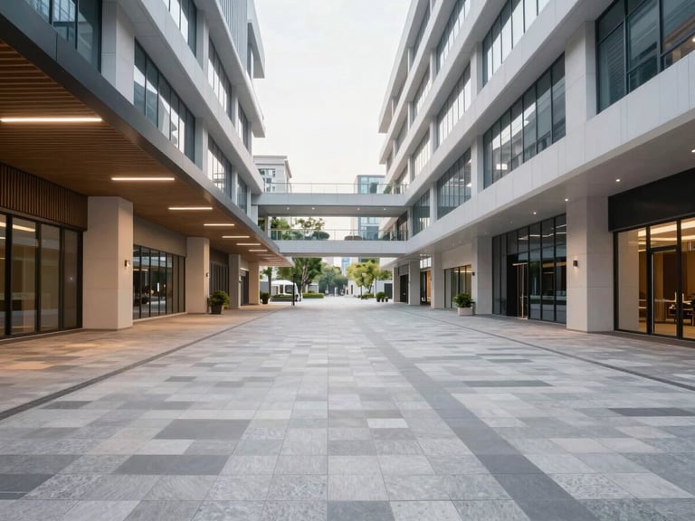 Wide architectural shot of a modern public plaza with clean lines, well-placed lighting, and clear sightlines, bright natural daylight, professional editorial style.