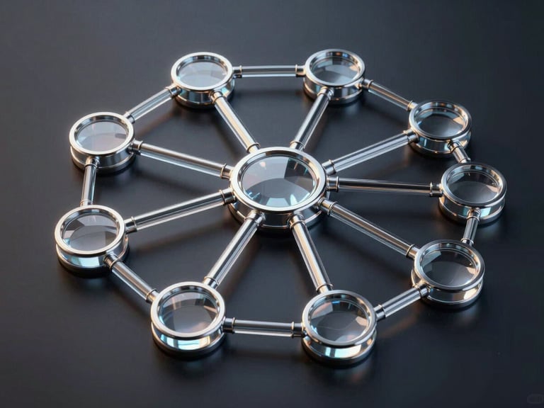 Sleek 3D glassmorphic network diagram, abstract metallic nodes representing content assets splitting and flowing through digital pipelines, high-contrast platinum rim lighting, dark glossy background.