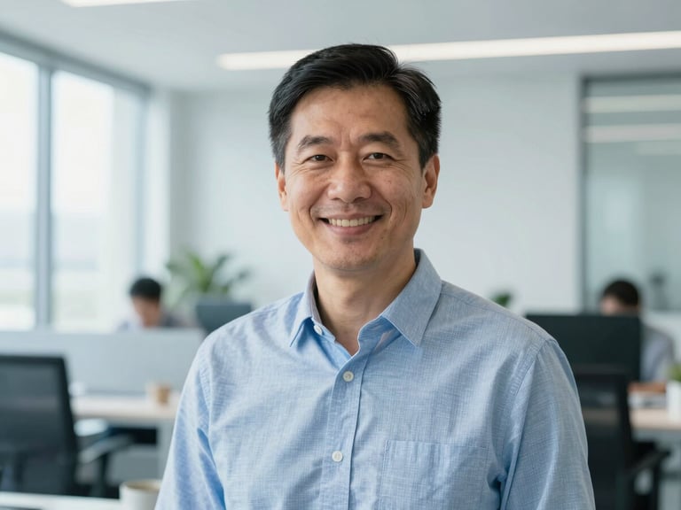 Professional headshot of a modern industry mentor smiling in a bright daylight office, clean background, cool blue tones, sharp focus, 35mm