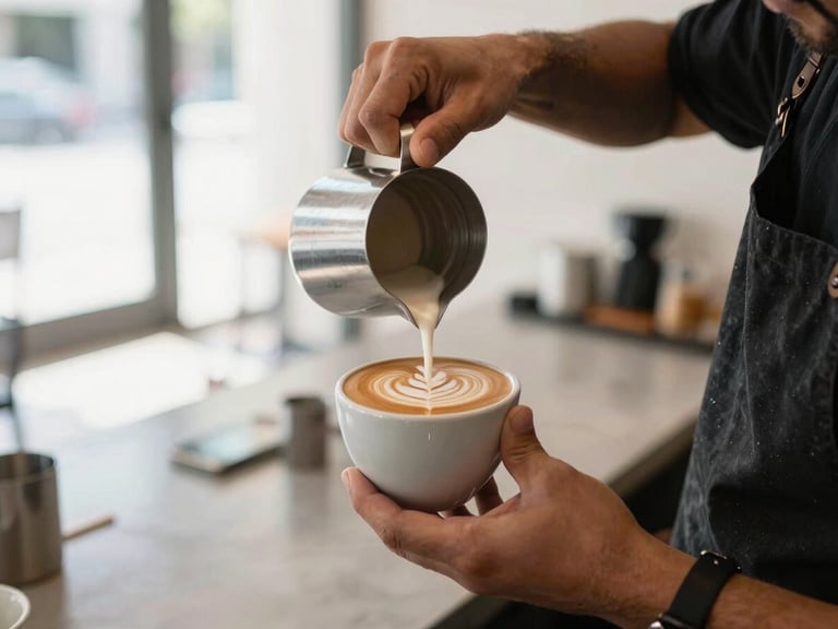 Close-up of a professional barista pouring latte art into a ceramic cup in a bright, modern Mexico City café, natural morning light, soft focus background.