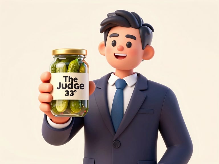 A lawyer in a sharp suit, smiling while holding a jar of Brine, Kosher & Gherkins 'The Judge' spicy pickles, vibrant studio lighting, solid cream background.