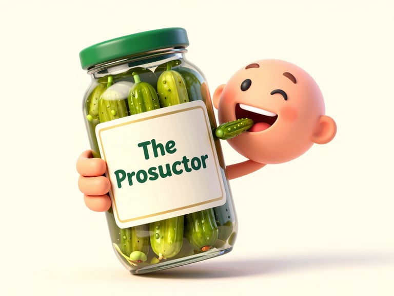 A happy customer, mid-bite, holding a large jar of Brine, Kosher & Gherkins 'The Prosecutor' dill pickles, vibrant studio lighting, solid cream background.